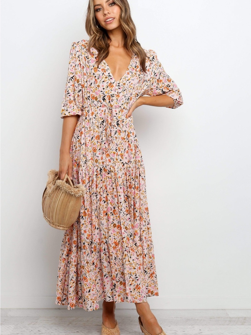 Petal and Pup Kelda Tiered Floral Maxi Dress Beige Cottagecore Extra Small - Picture 3 of 11